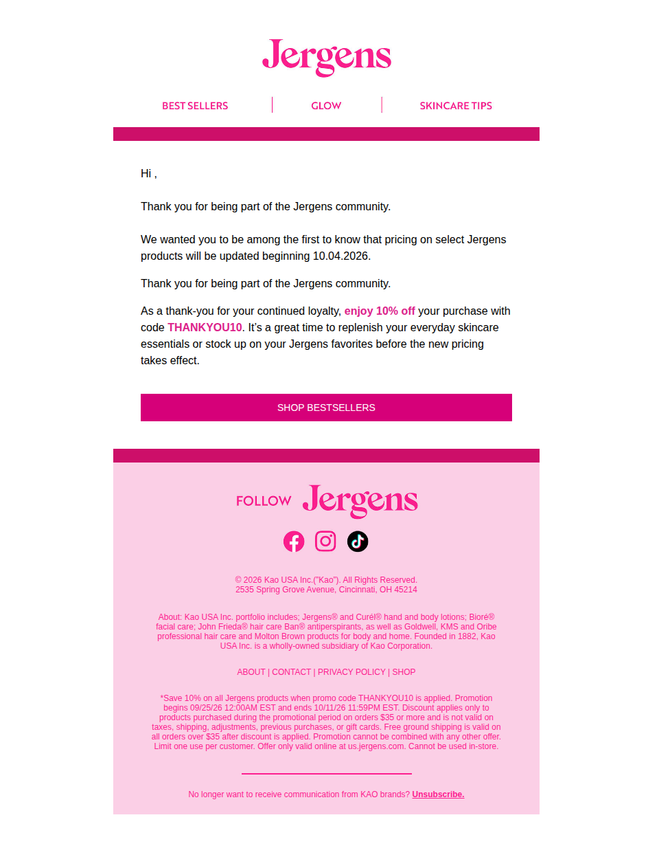 A thank-you offer for our Jergens customers