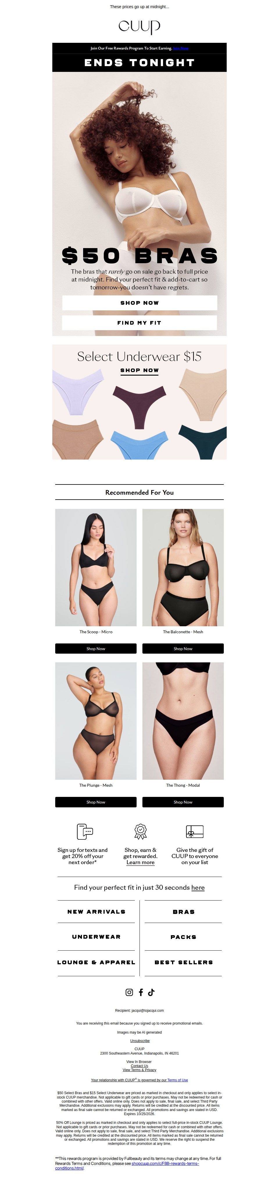 ENDS TONIGHT: $50 bras + $15 underwear (!!)​